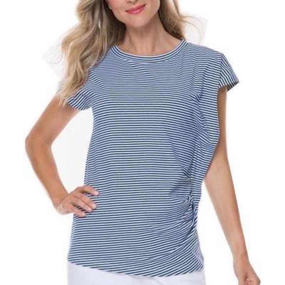 Joan Vass Navy Stripe Rouched Tee Size Large